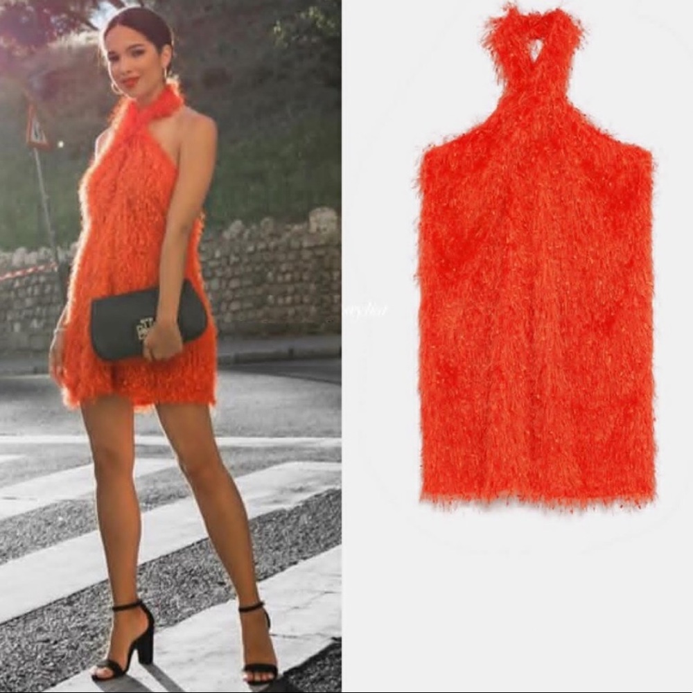 ✖️SOLD✖️ Zara orange fringe halter mini dress - Picture 3 of 8